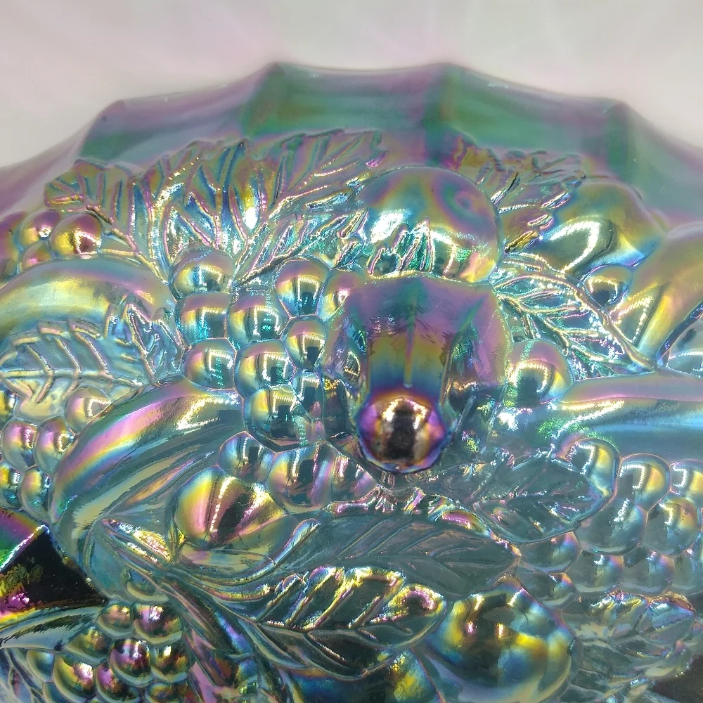 Indiana Glass Harvest Grapes Carnival Iridescent Blue Footed Large Oval Bowl - Picture 7 of 11